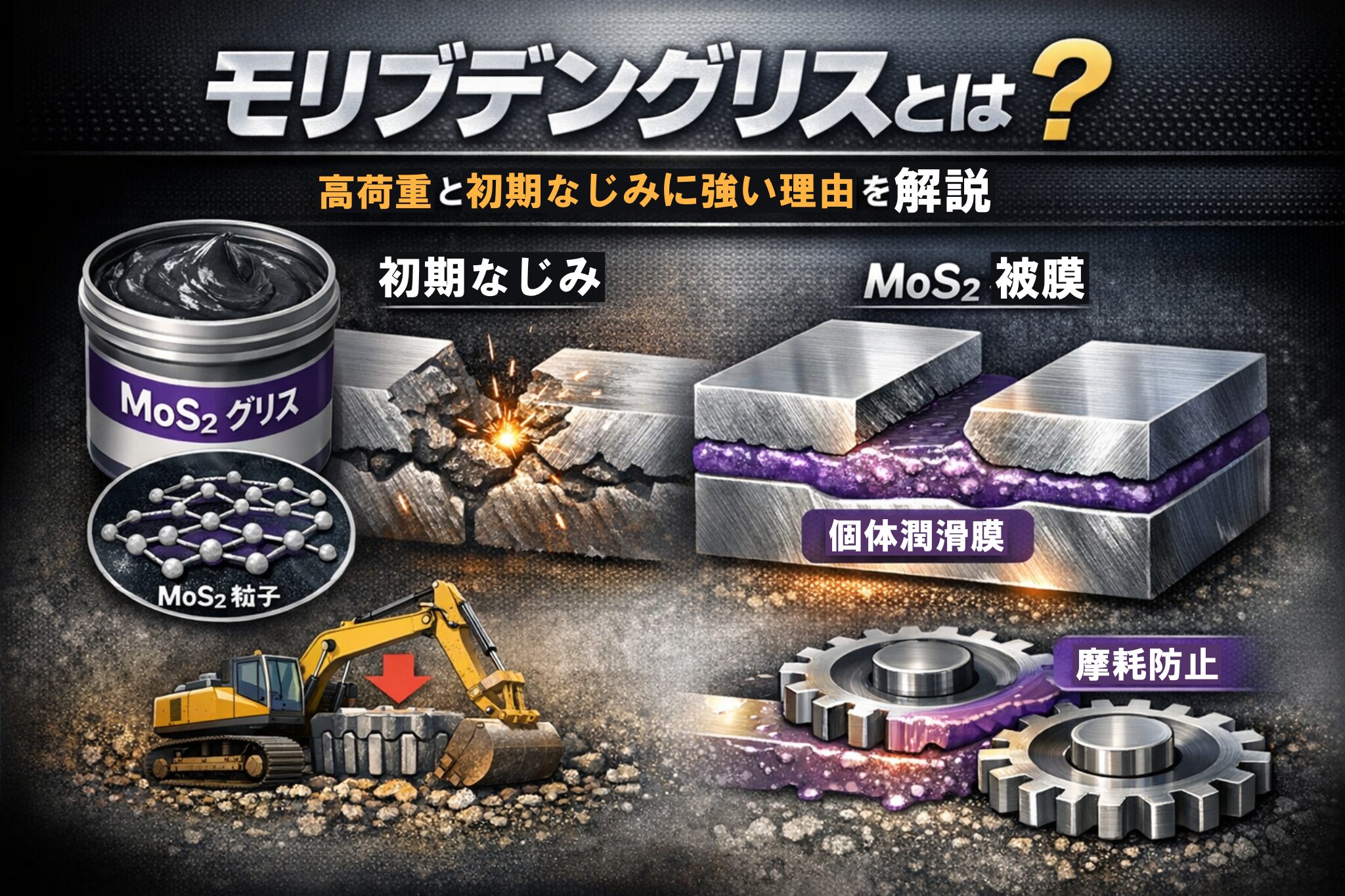 モリブデングリスの高荷重耐性と初期なじみにおける潤滑被膜と摩耗防止のイメージ図