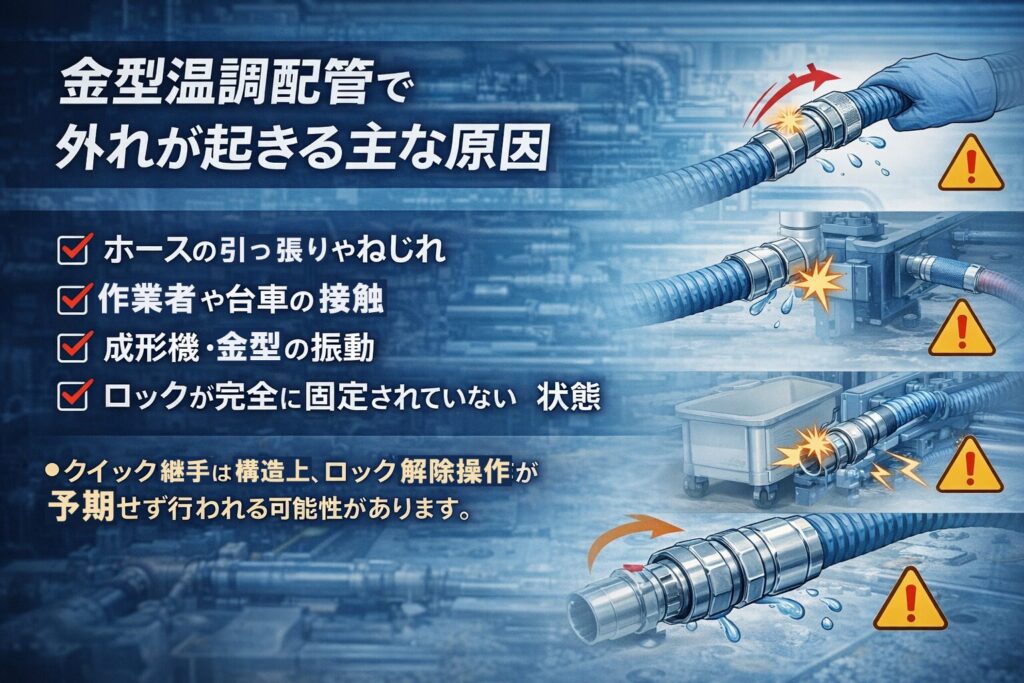 金型温調配管でホースやクイック継手が外れる主な原因（ホースの引っ張り、作業者接触、振動、ロック不完全）
