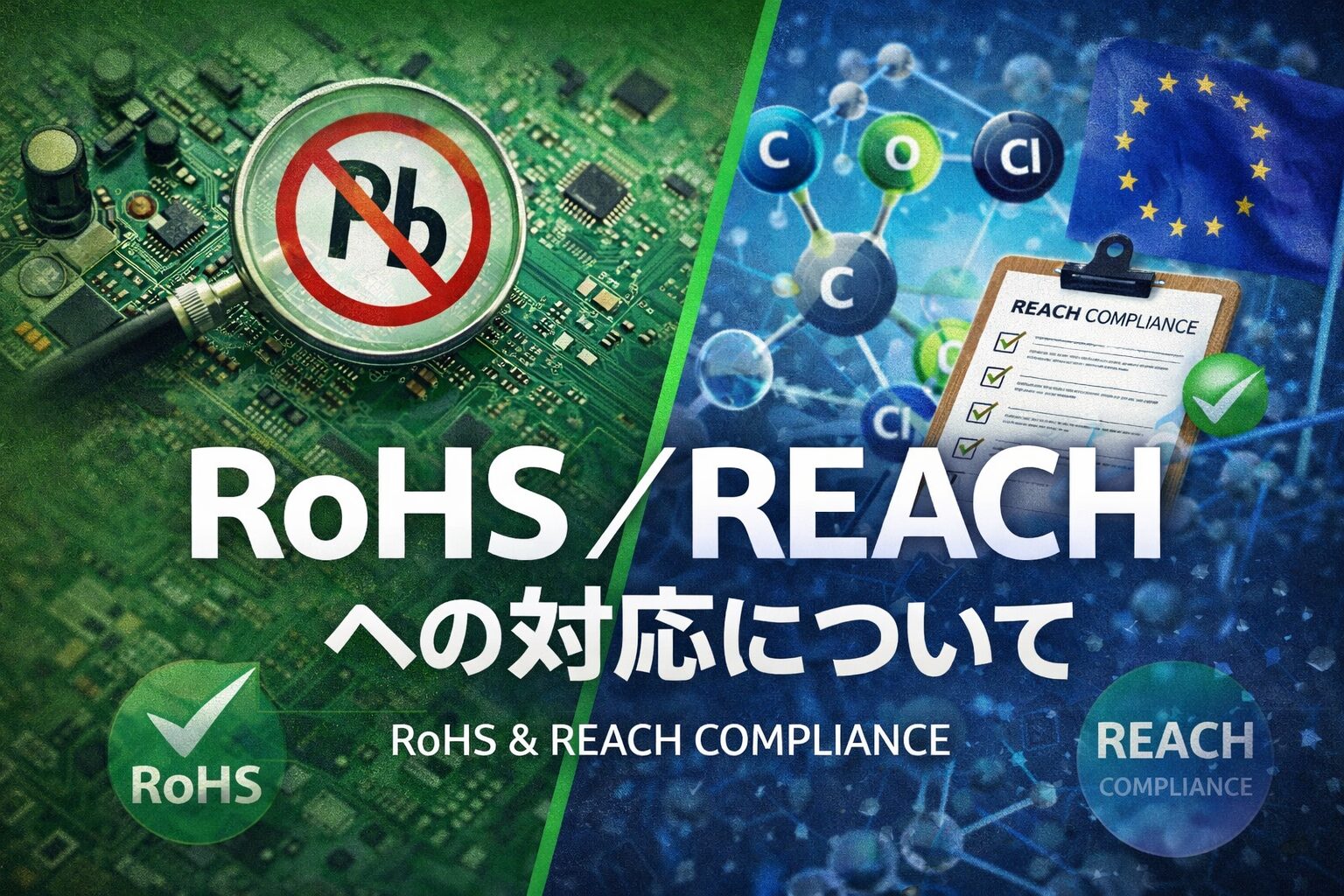 RoHSおよびREACH規制への適合とコンプライアンス対応を示すイメージ画像