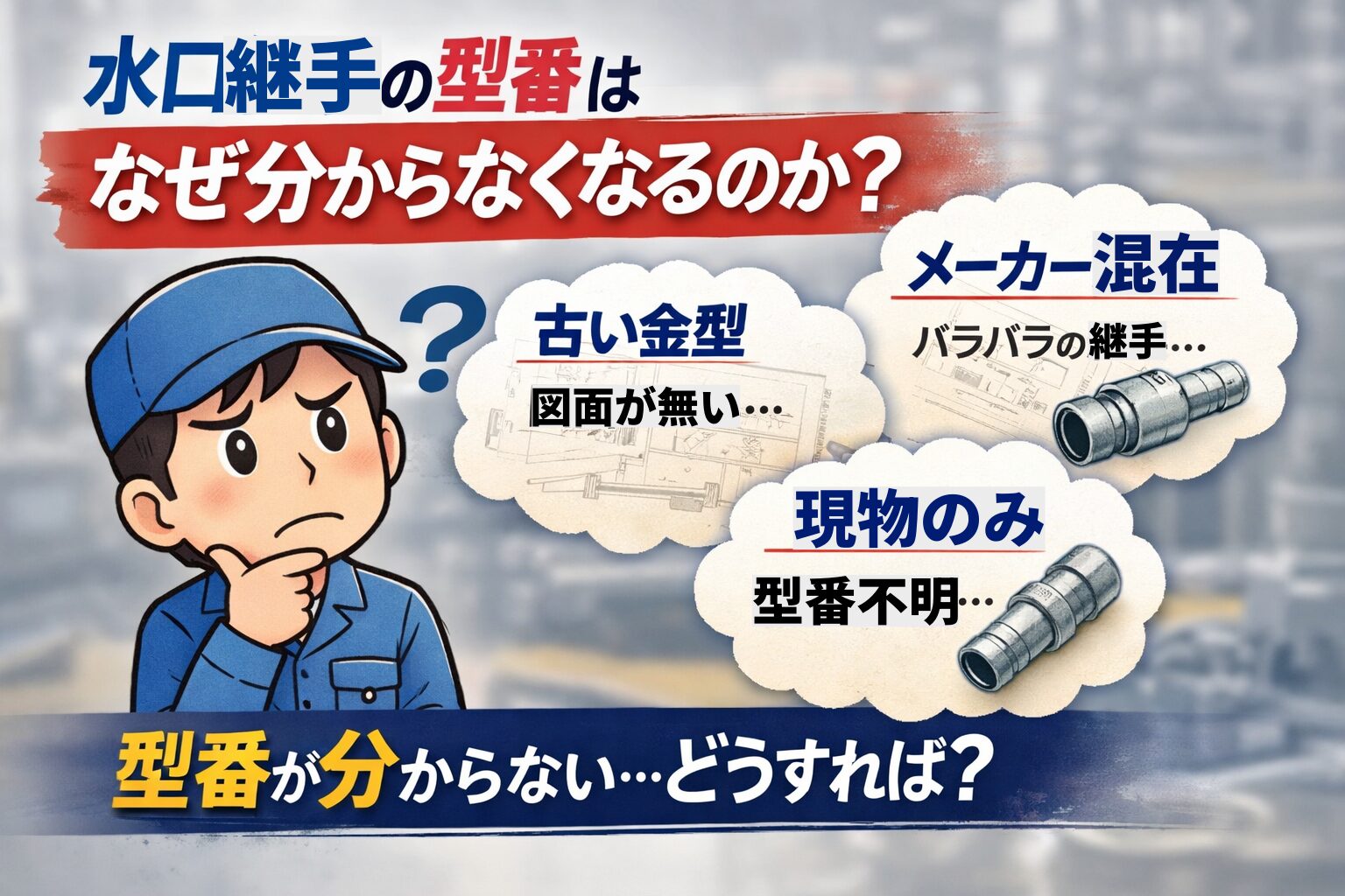 水口継手の型番が不明になる原因（古い金型・メーカー混在・現物のみ）を解説するイメージ画像