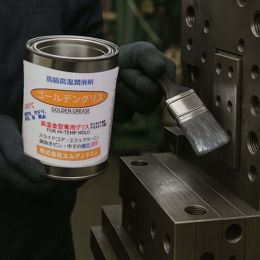 金型スライド部にゴールデングリスをハケで塗布する作業