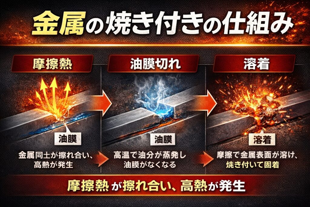 金属の焼き付きが発生する仕組み(摩擦熱・油膜切れ・溶着)