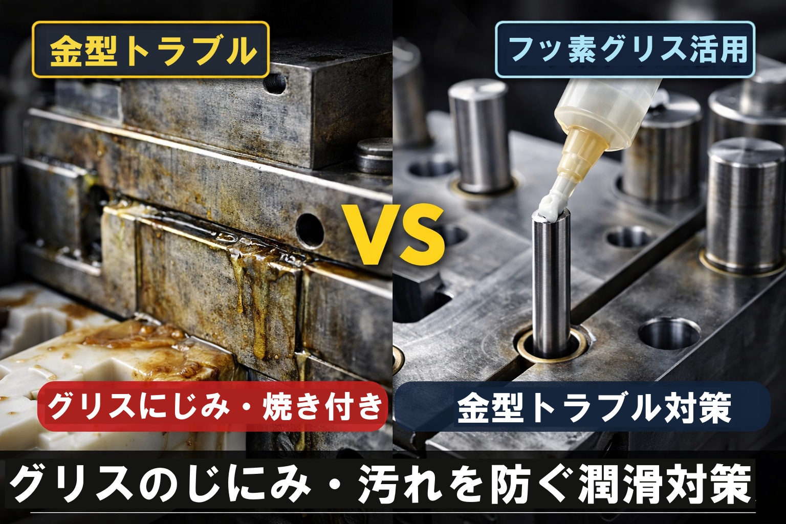 金型グリスのにじみ・焼き付きトラブルとフッ素グリスによる対策の比較画像
