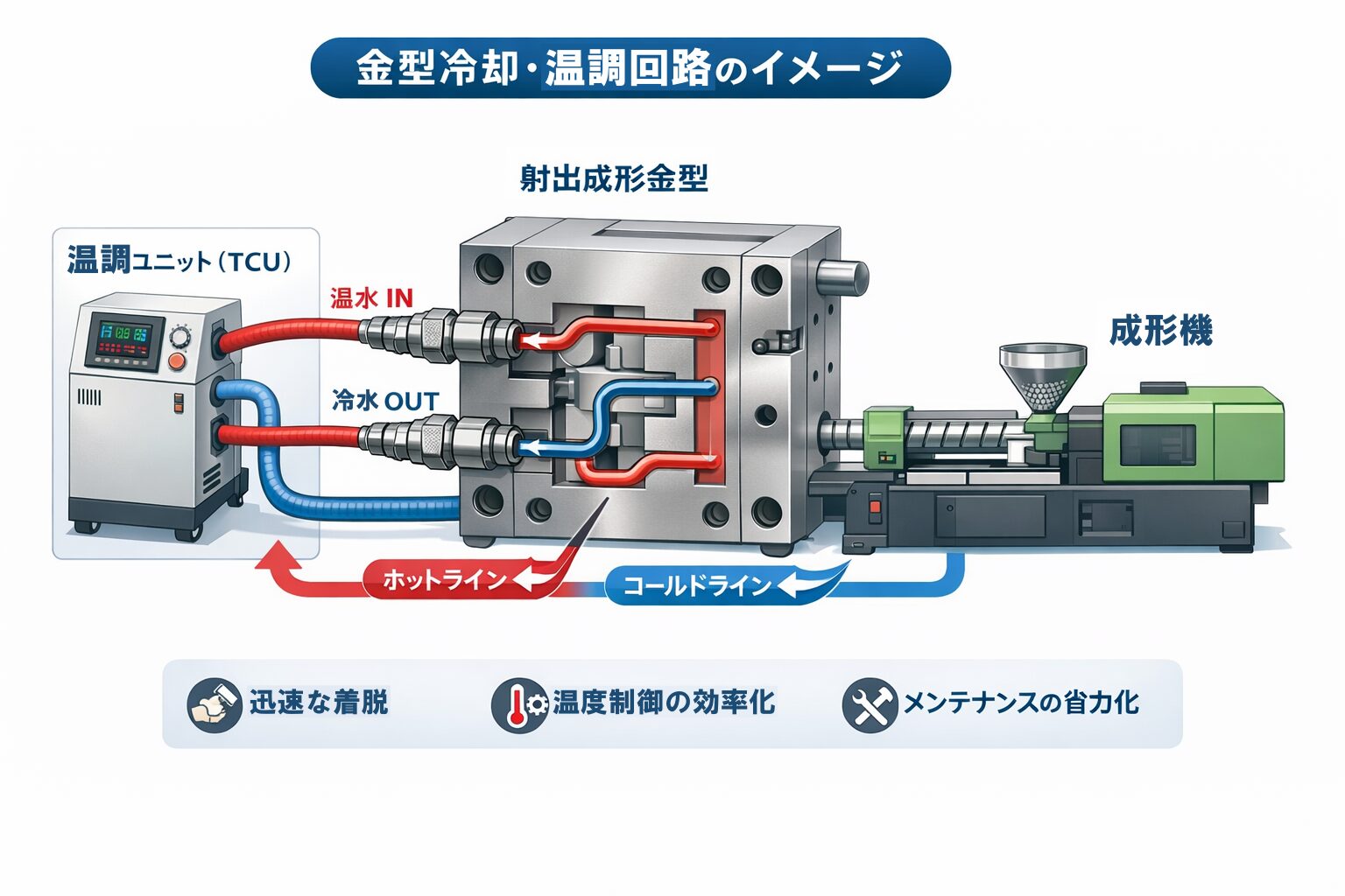温調ユニット（TCU）から金型へ温水と冷水を循環させる温調回路のイメージ図