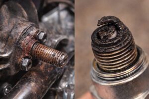 バイクの焼き付きによって固着したボルトと劣化したスパークプラグの例