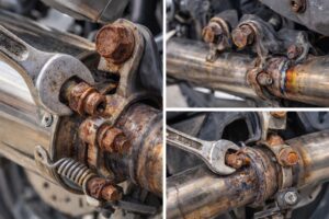 バイクのマフラー周辺で高温により錆びて焼き付いたボルトとナットの例