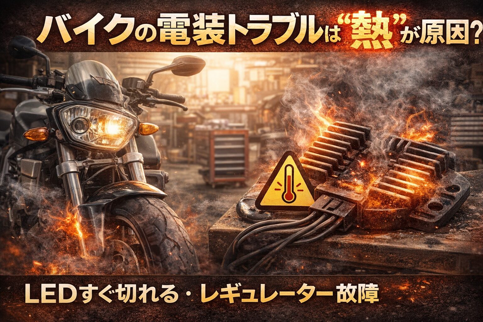 バイクの電装トラブルの原因である熱によるLED故障とレギュレーター破損のイメージ