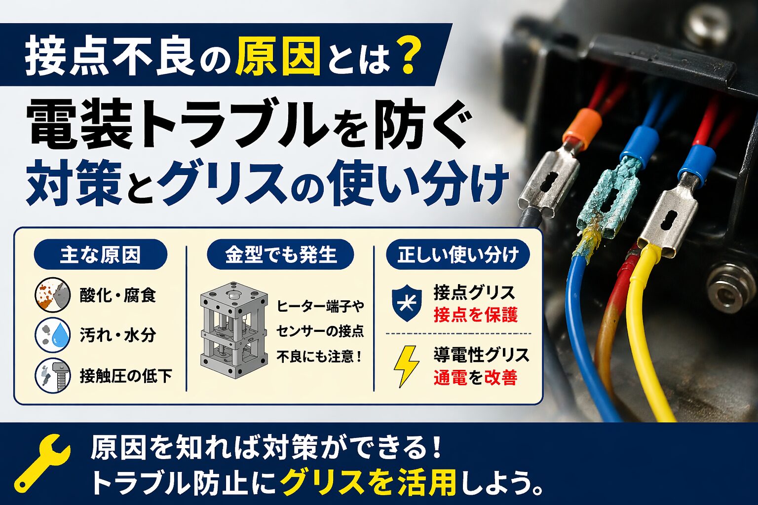 接点不良の原因である酸化・汚れ・接触不良と対策方法、接点グリスと導電性グリスの使い分けを解説したアイキャッチ画像