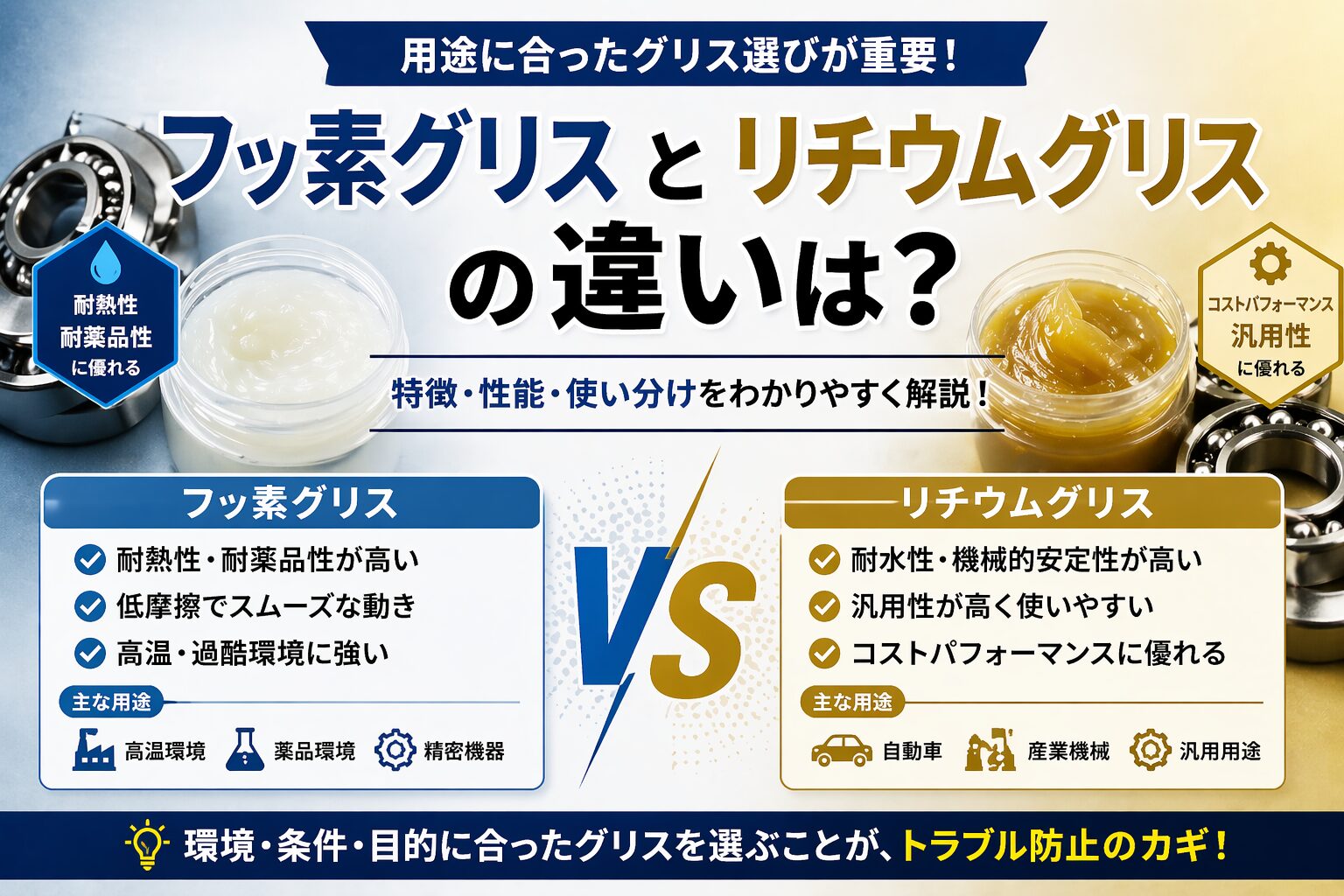 フッ素グリスとリチウムグリスの違いを比較し、耐熱性や用途、特徴をわかりやすく示したアイキャッチ画像