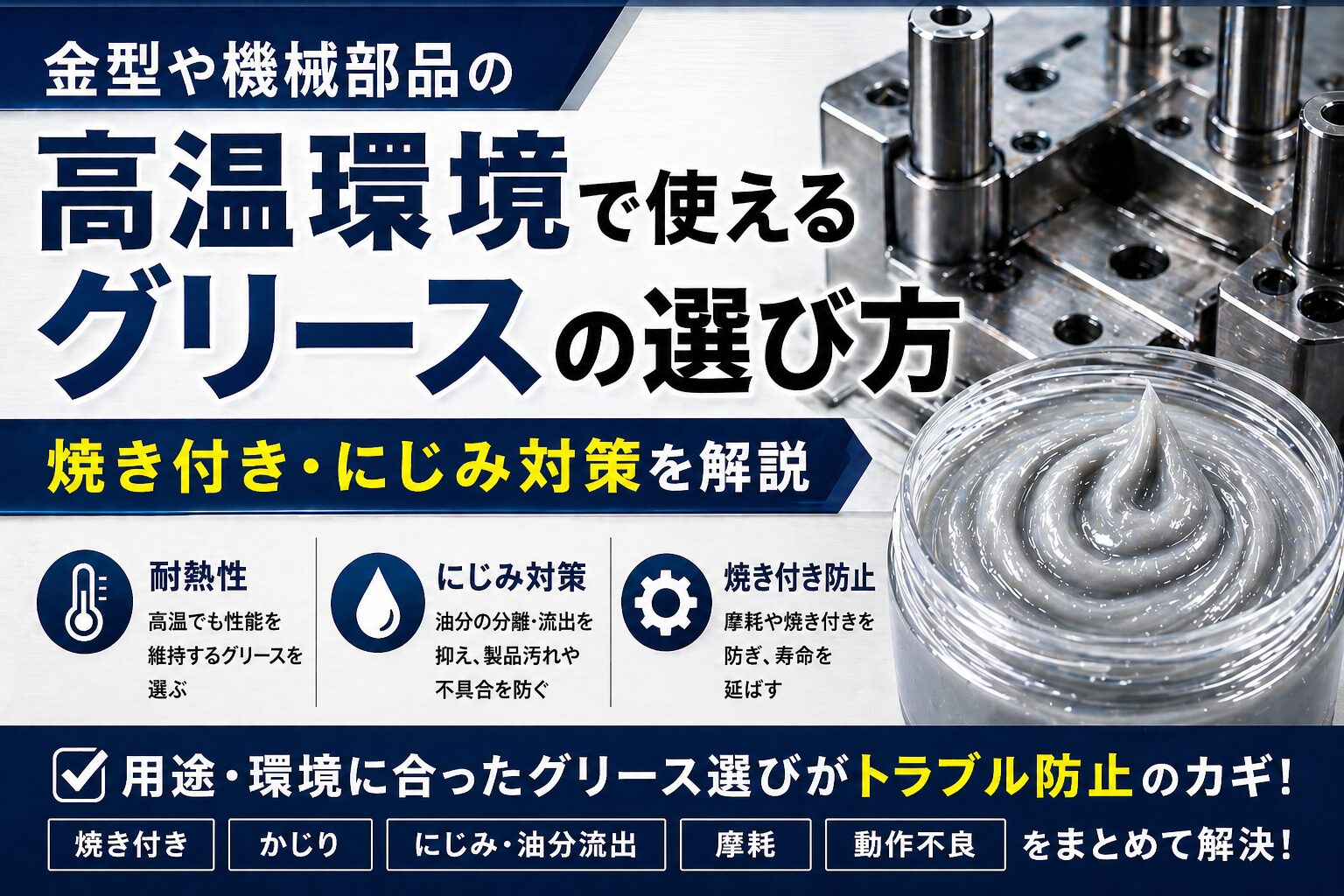 金型や機械部品の高温環境に適したグリースの選び方を示すアイキャッチ画像。焼き付き防止や油分にじみ対策のポイントを解説