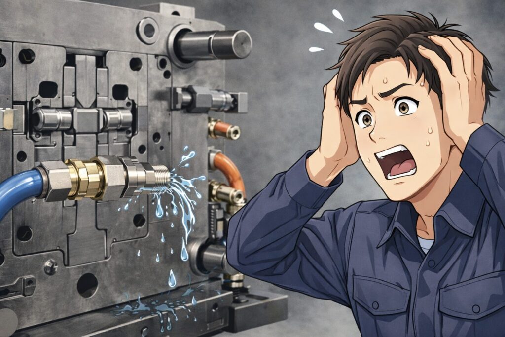 金型の温調回路に接続された水口継手から水漏れが発生し、作業者が困っている様子。クイックカプラ接続部のトラブルイメージ。