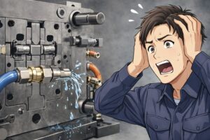 金型の温調回路に接続された水口継手から水漏れが発生し、作業者が困っている様子。クイックカプラ接続部のトラブルイメージ。