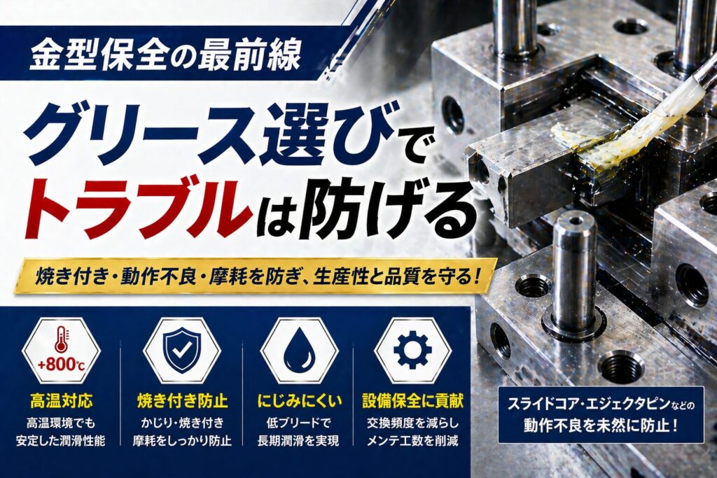 金型のスライドコアやエジェクタピンにグリースを塗布し、焼き付きや動作不良を防ぐ保全対策イメージ