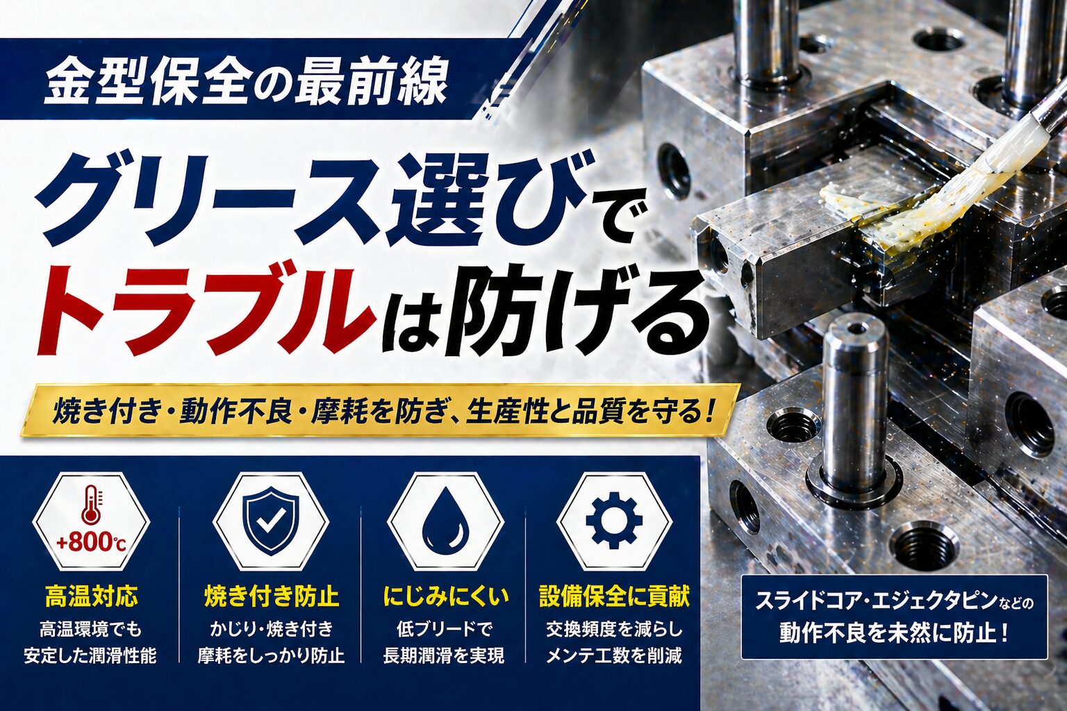 金型のスライドコアやエジェクタピンにグリースを塗布し、焼き付きや動作不良を防ぐ保全対策イメージ