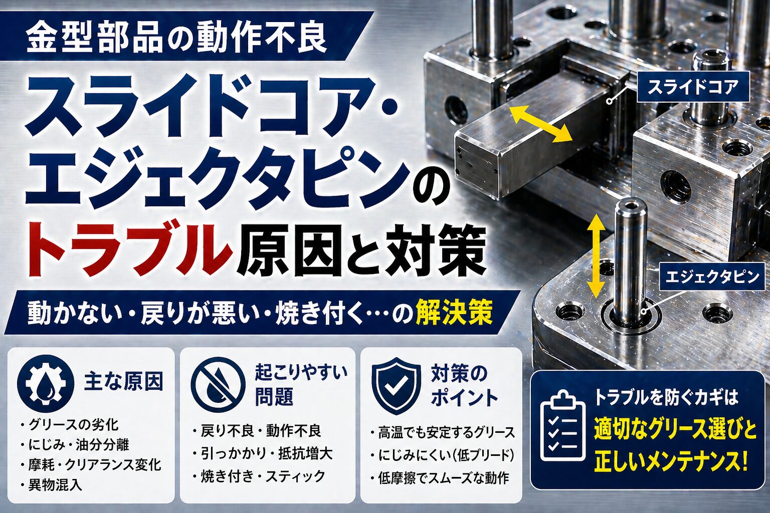 金型のスライドコアとエジェクタピンの動作不良（焼き付き・戻り不良）の原因と対策を解説した図解イメージ