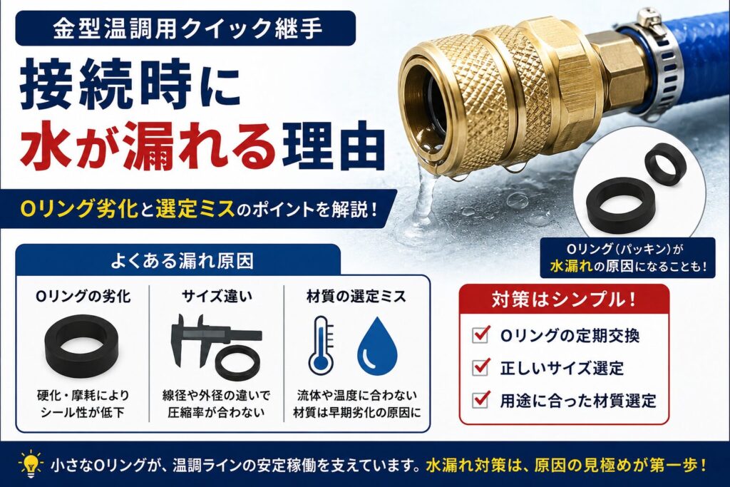 金型温調用クイック継手の水漏れ原因を解説した画像。Oリング劣化・サイズ違い・材質選定ミスによる漏れ対策を紹介。