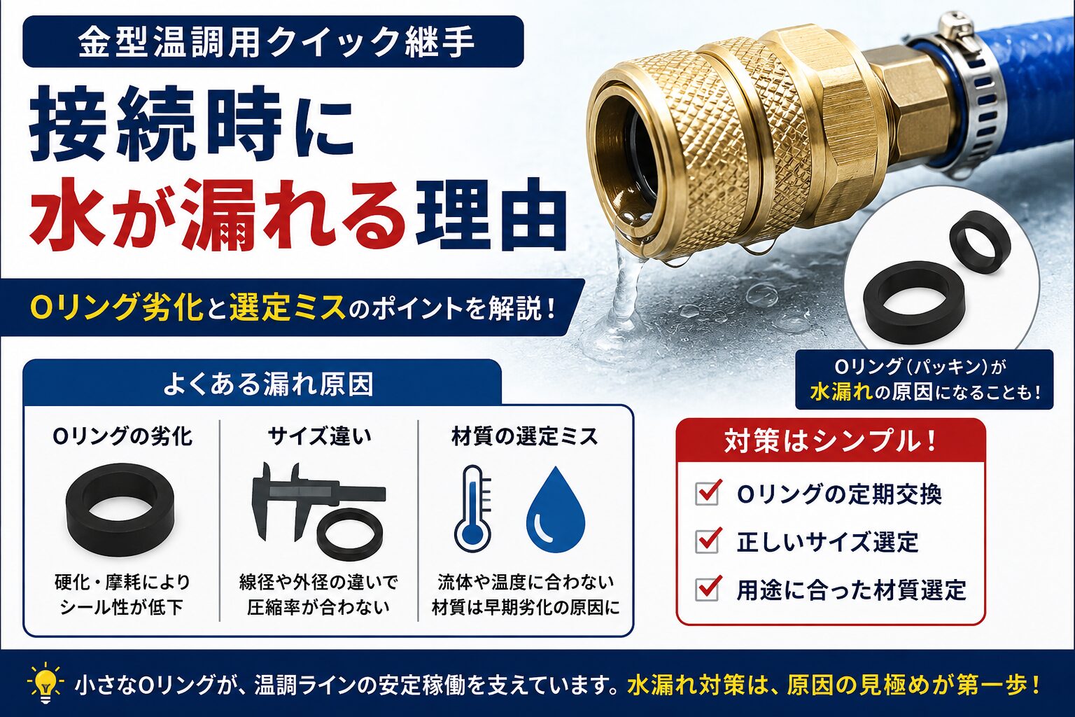 金型温調用クイック継手の水漏れ原因を解説した画像。Oリング劣化・サイズ違い・材質選定ミスによる漏れ対策を紹介。