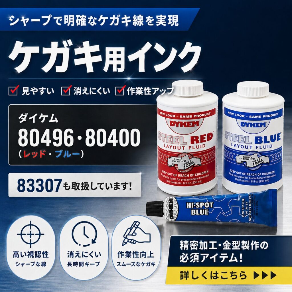 ダイケム80496・80400・83307のケガキ用インク製品画像。シャープで見やすく消えにくいケガキ線を実現する精密加工向けレイアウトフルード。