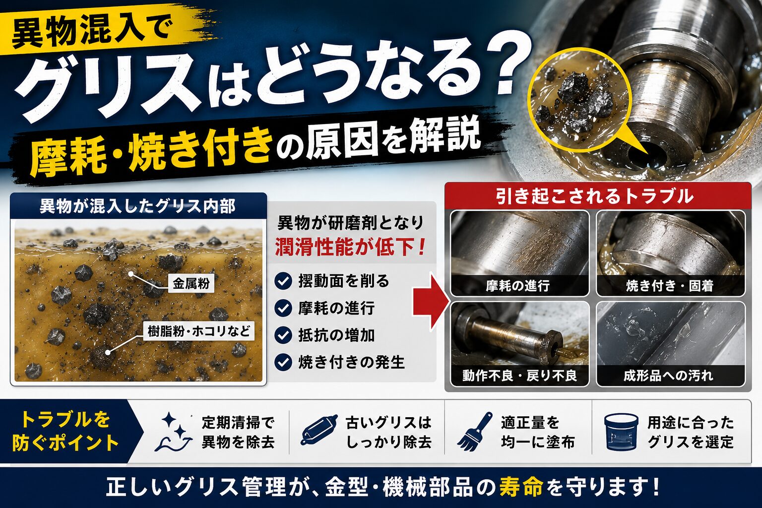異物が混入したグリスによって、摩耗・焼き付き・動作不良が発生する仕組みを解説した金型・機械部品向けアイキャッチ画像
