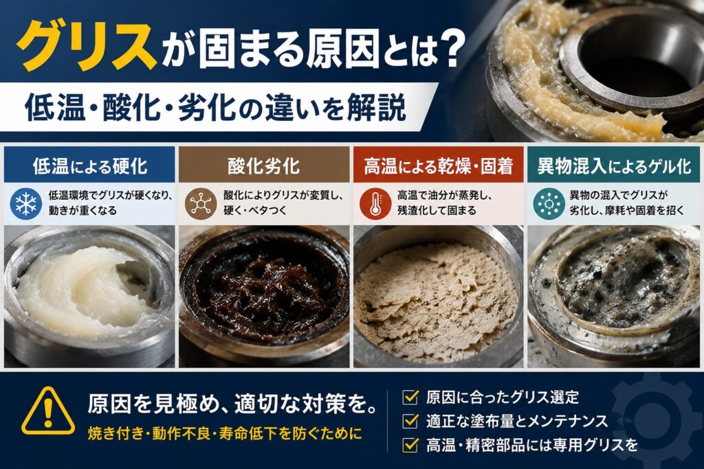 低温・酸化・高温劣化・異物混入によるグリス硬化の違いを解説したイメージ画像