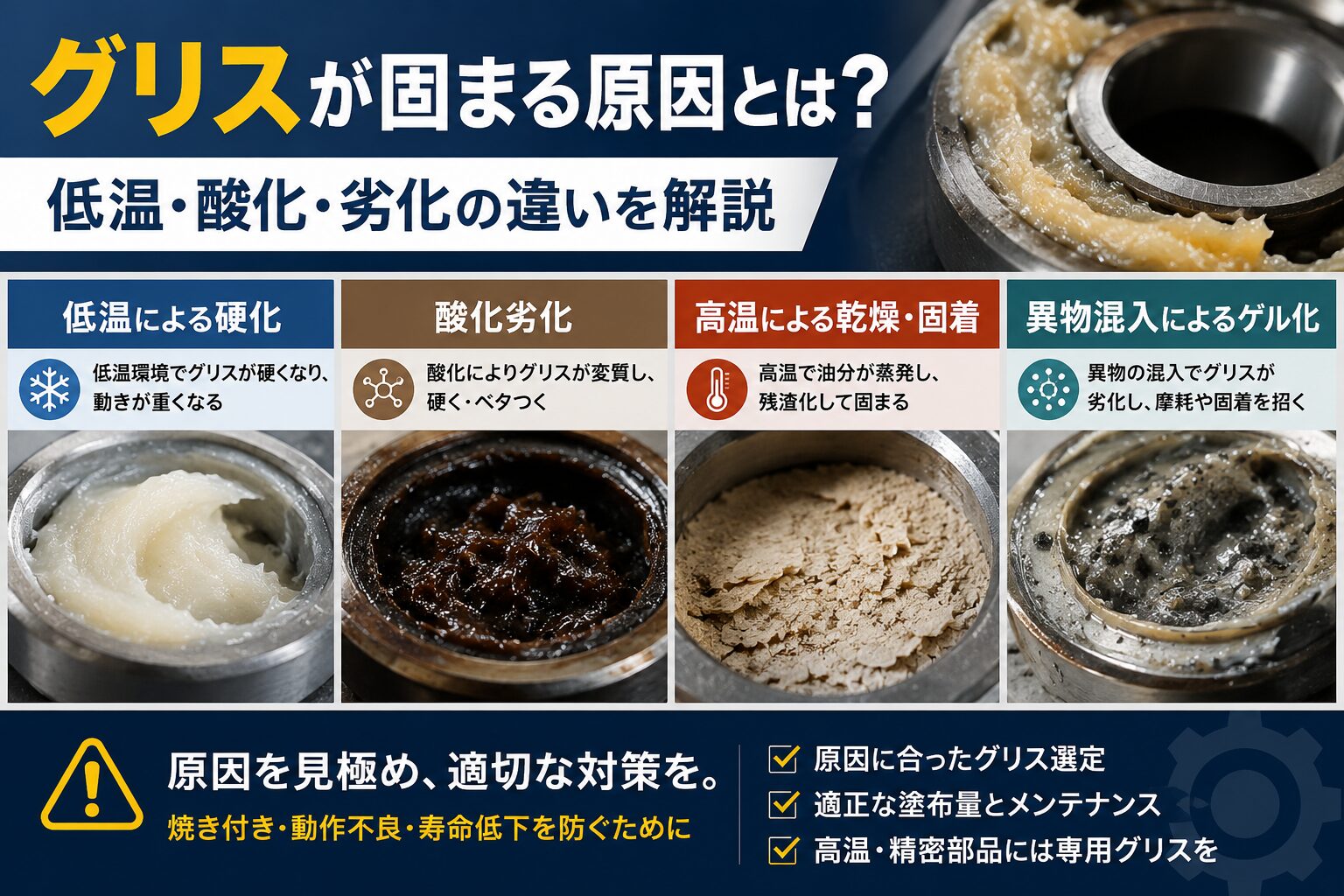 低温・酸化・高温劣化・異物混入によるグリス硬化の違いを解説したイメージ画像