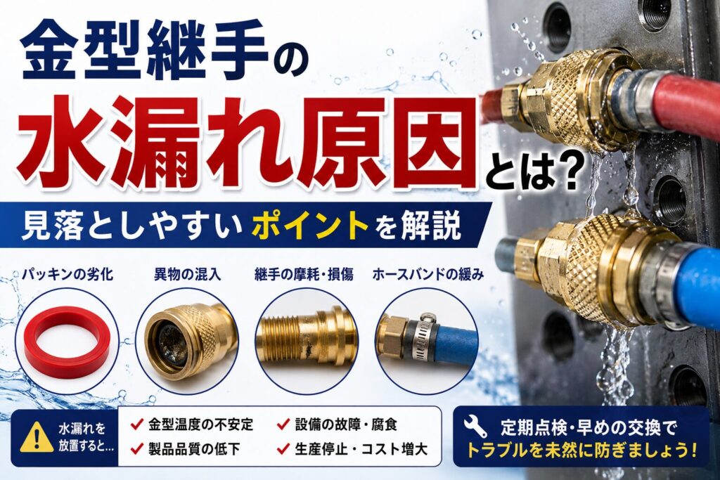 金型温調用クイック継手の水漏れ原因を解説したTOP画像。パッキン劣化・ホース亀裂・外れ防止対策を紹介。