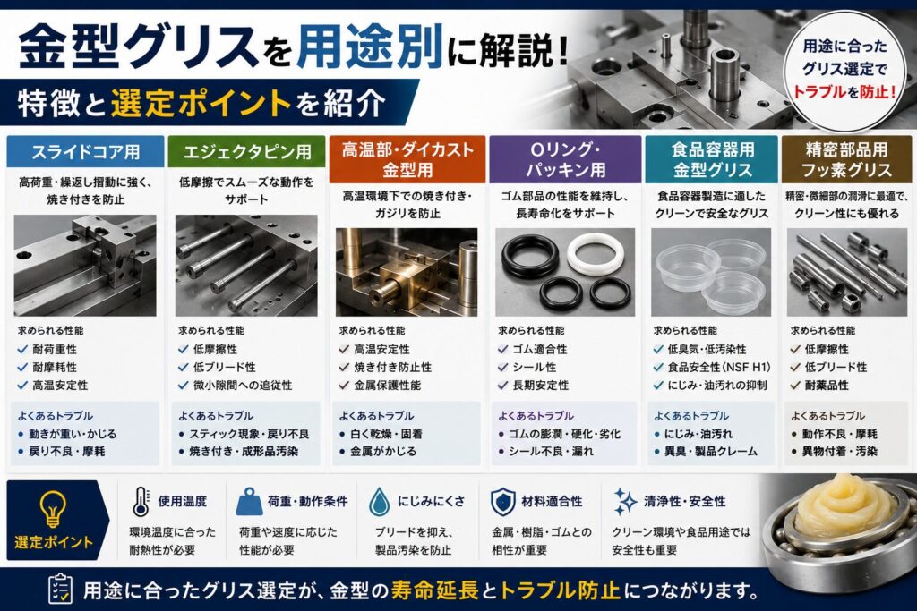 金型グリスを用途別に解説したイメージ画像。スライドコア用・エジェクタピン用・高温部用・Oリング用・食品容器用・精密部品用グリスの特徴と選定ポイントを紹介。
