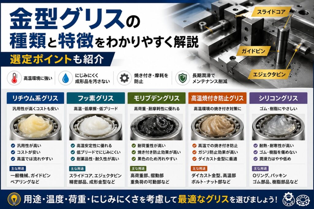 金型グリスの種類と特徴を比較解説したイメージ画像。リチウム系・フッ素グリス・モリブデングリス・高温焼付き防止グリス・シリコングリスの違いと用途を紹介。
