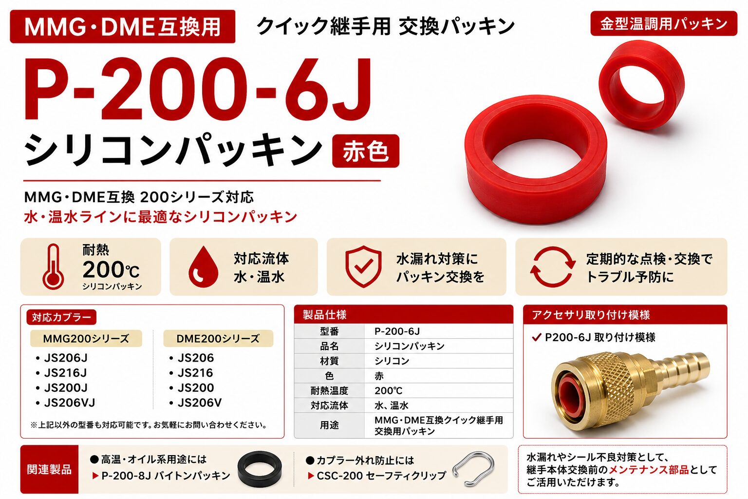P-200-6J シリコンパッキン MMG200シリーズ・DME200シリーズ対応 金型温調用クイック継手交換パッキン 赤色シリコンタイプ