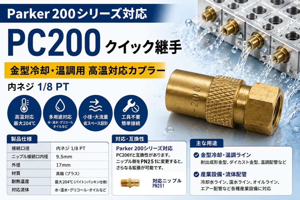 PC200 クイック継手 Parker200シリーズ対応 高温204℃ 金型冷却 温調ライン用 真鍮カプラー PC206Y対応