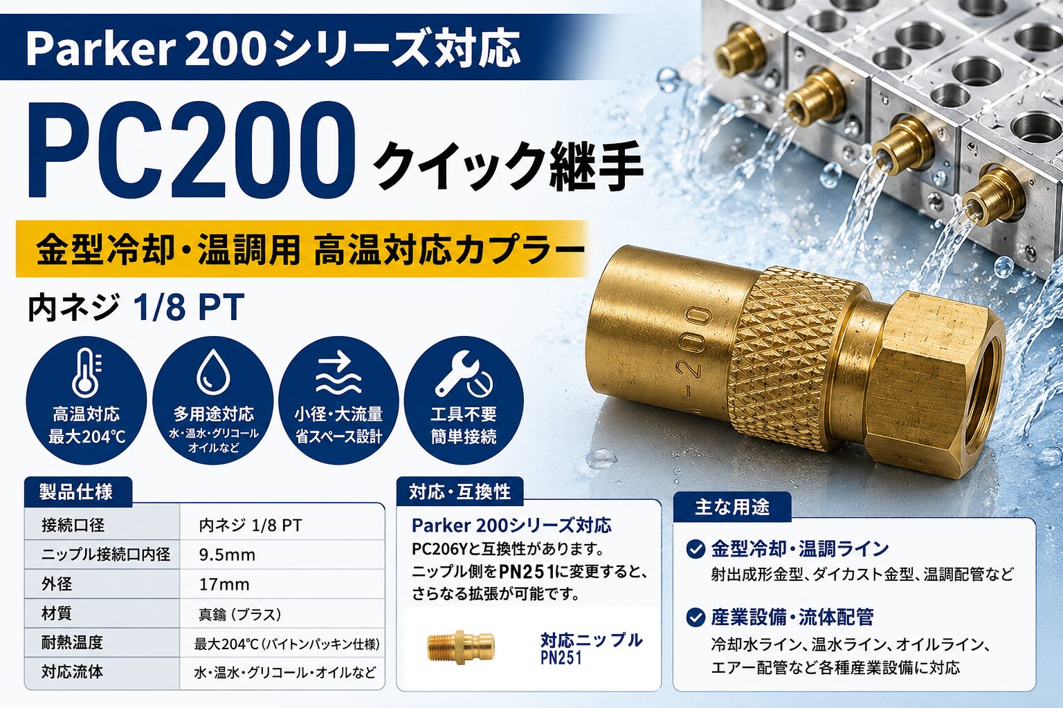 PC200 クイック継手 Parker200シリーズ対応 高温204℃ 金型冷却 温調ライン用 真鍮カプラー PC206Y対応