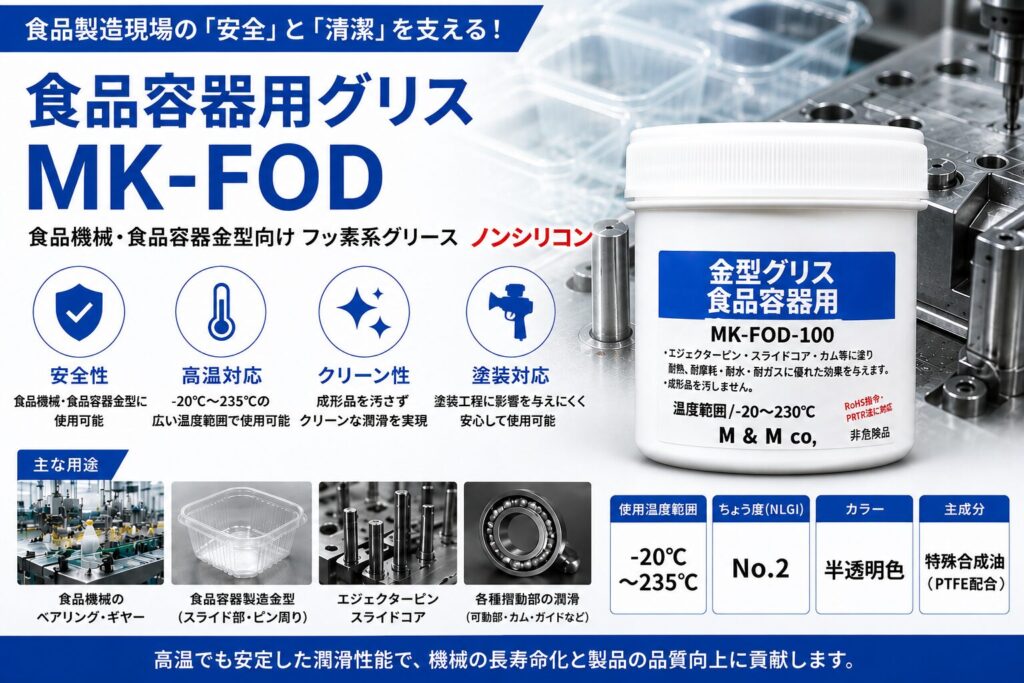 MK-FOD食品容器用グリスの特長。NSF-H1認証による安全性、高温対応、クリーン性、塗装工程対応を示したアイコン付き製品画像。