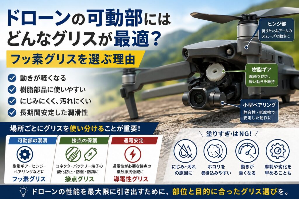 ドローンのヒンジ・樹脂ギア・小型ベアリングなどの可動部に適したフッ素グリスの選び方を解説したアイキャッチ画像