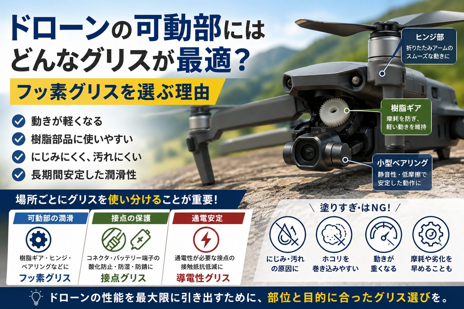 ドローンのヒンジ・樹脂ギア・小型ベアリングなどの可動部に適したフッ素グリスの選び方を解説したアイキャッチ画像