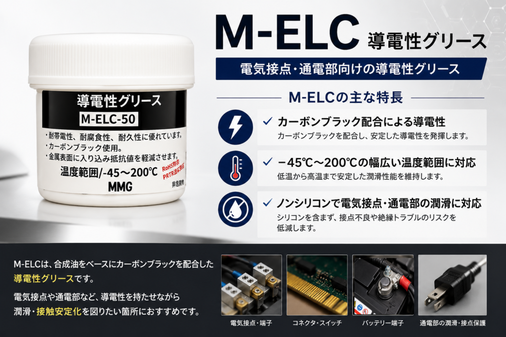 M-ELC導電性カーボングリースの特長｜カーボンブラック配合・-45℃～200℃・ノンシリコン