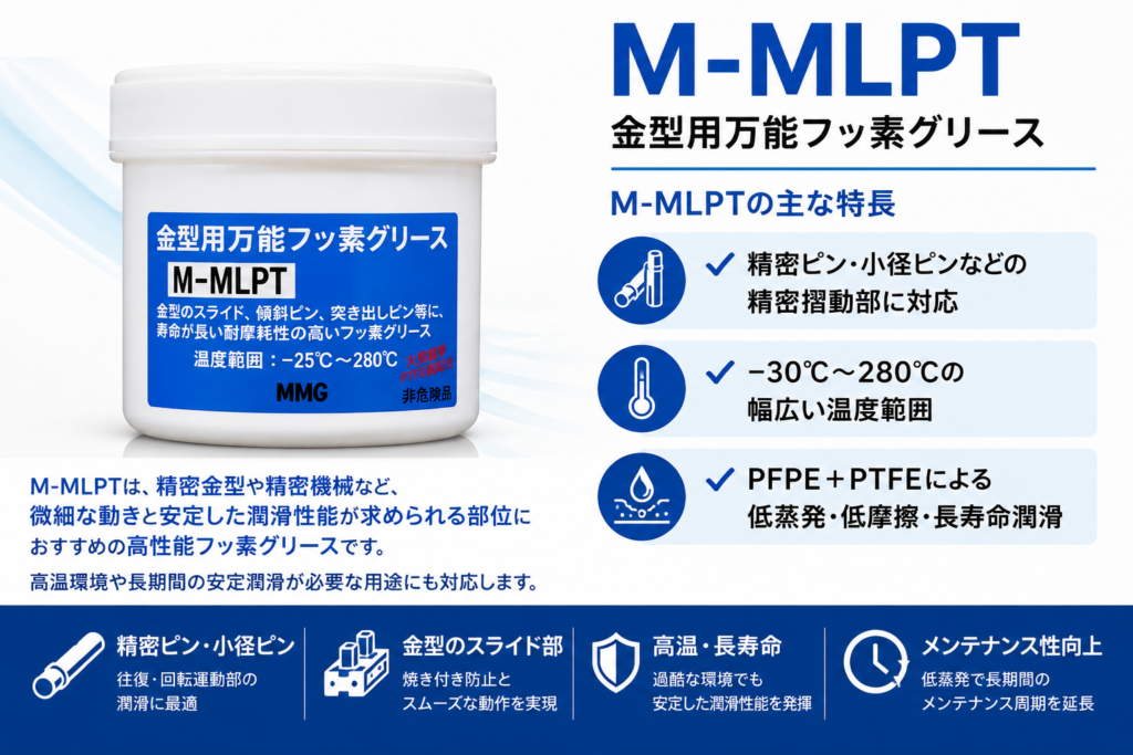 M-MLPT金型用万能フッ素グリースの特長｜精密ピン・小径ピン対応、-30℃～280℃、PFPE＋PTFE配合