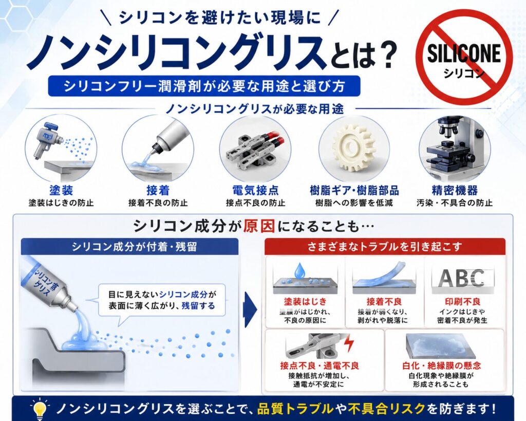 ノンシリコングリスが必要な用途として、塗装はじき・接着不良・電気接点不良・樹脂部品・精密機器への影響を図解した挿絵画像
