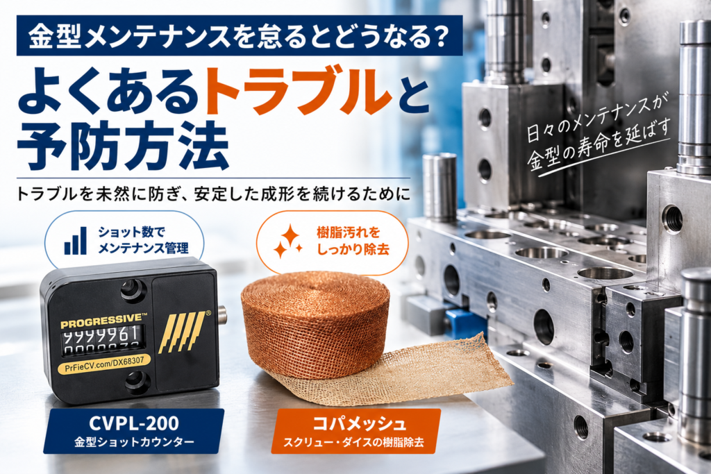 金型メンテナンスのトラブル予防とCVPL-200によるショット数管理・コパメッシュによる樹脂清掃のイメージ