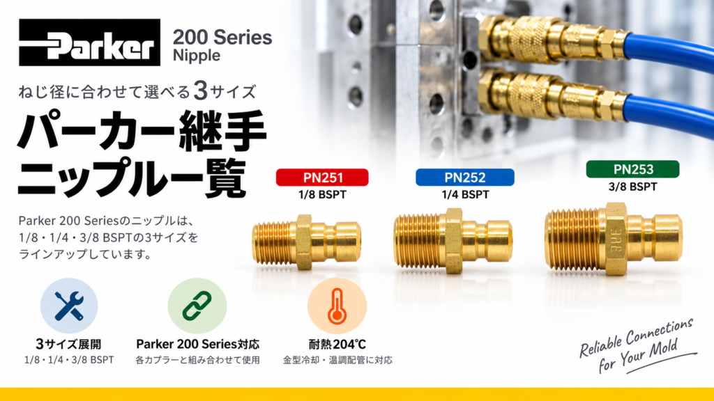 Parker 200 Series ニップル一覧・PN251 1/8 BSPT・PN252 1/4 BSPT・PN253 3/8 BSPT対応の金型冷却温調用継手一覧