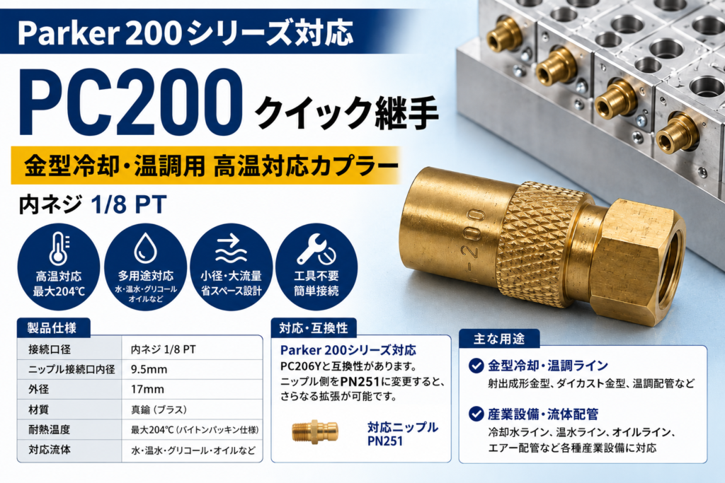 Parker PC200 内ネジ型カプラー 1/8 NPT対応・耐熱204℃・金型冷却温調配管向け