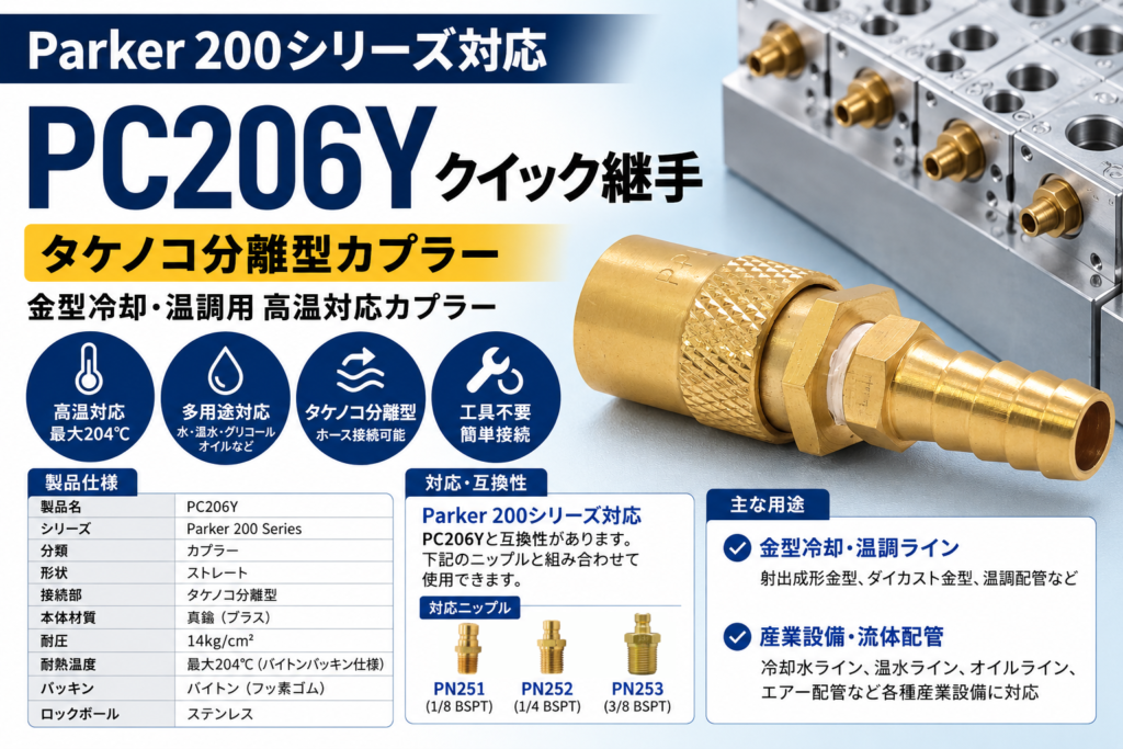 Parker PC206Y ストレート・タケノコ分離型カプラー・耐熱204℃・金型冷却温調配管向け
