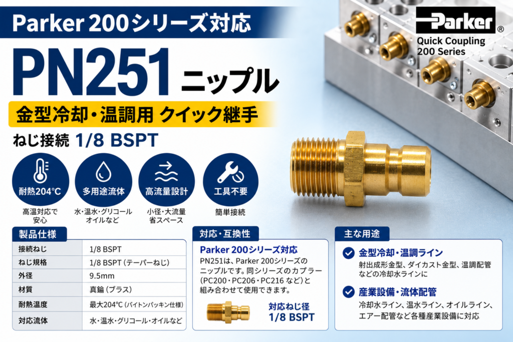 Parker PN251 1/8 BSPTニップル・耐熱204℃・金型冷却温調配管向け 