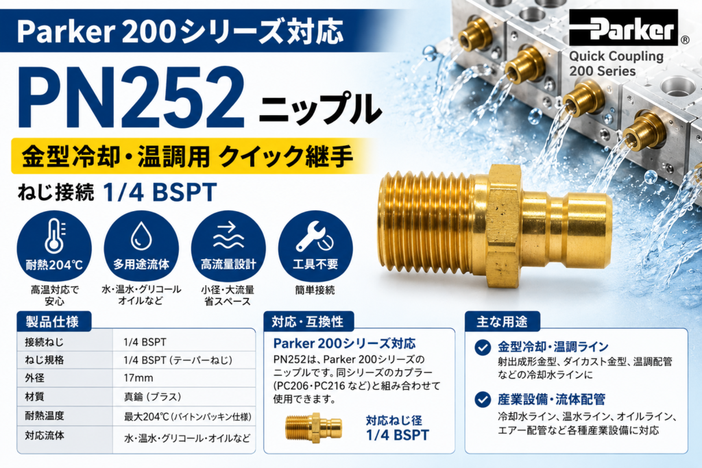 ALT
Parker PN252 1/4 BSPTニップル・耐熱204℃・金型冷却温調配管向け
