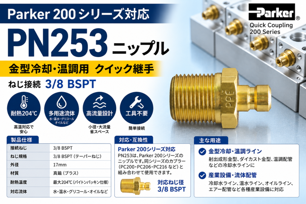 Parker PN253 3/8 BSPTニップル・耐熱204℃・金型冷却温調配管向け 