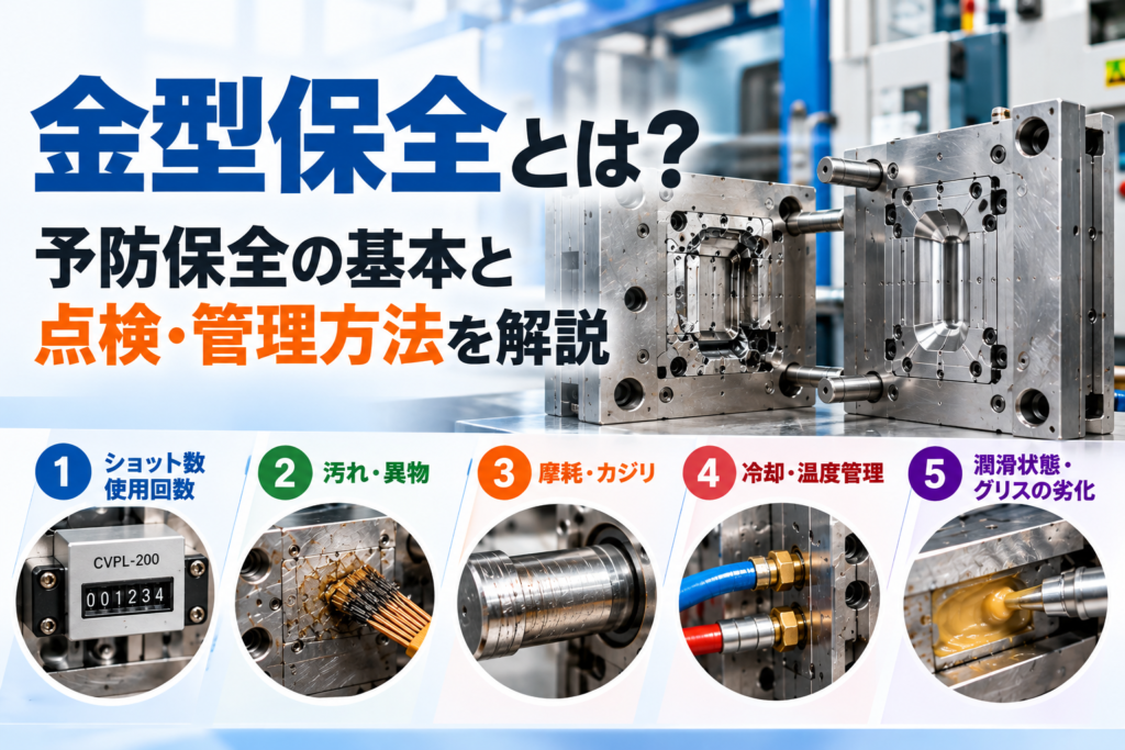 金型保全に必要なショット数管理・汚れの清掃・摩耗やカジリの点検・冷却温度管理・潤滑状態の確認を紹介する図解