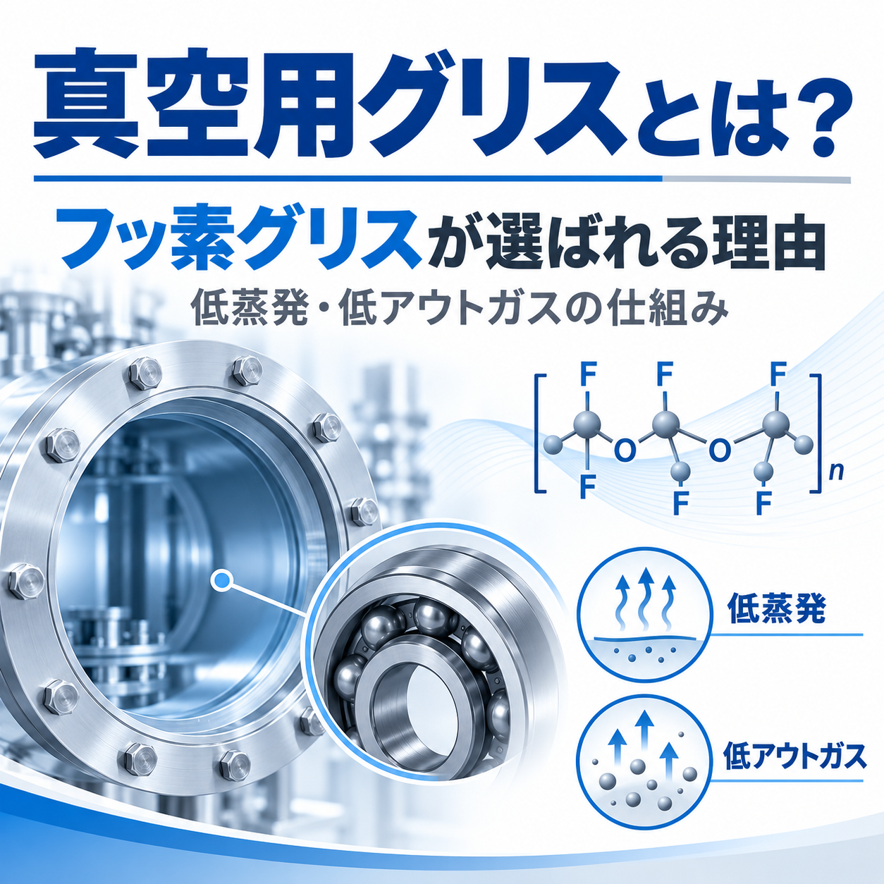 真空用フッ素グリスの特徴を、真空装置・ベアリング・PFPEの分子構造とともに示し、低蒸発性・低アウトガス性を解説したアイキャッチ画像